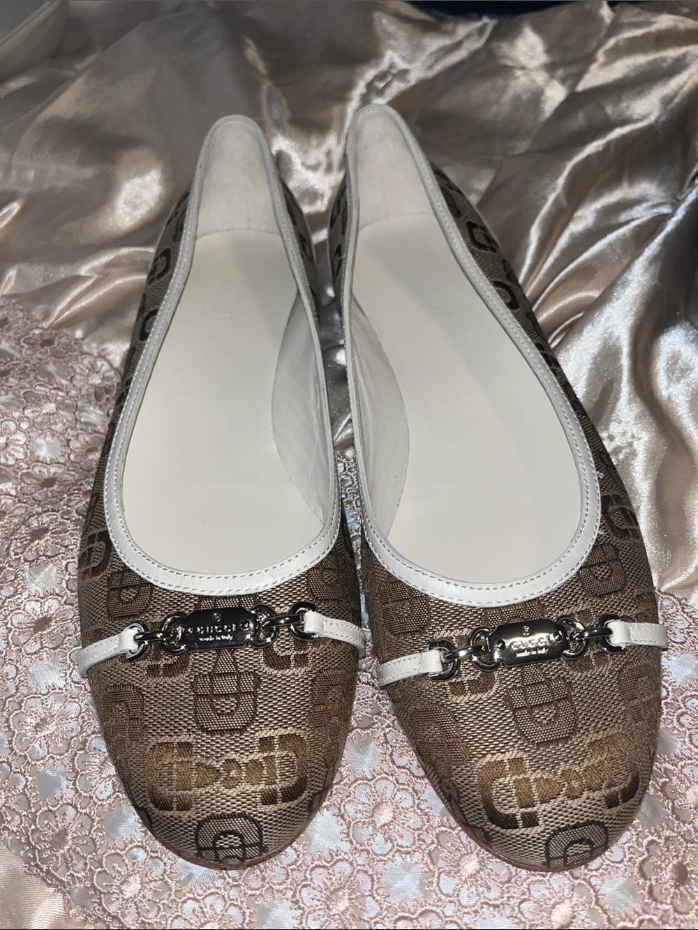 Gucci Brown Logo Ballet Flats with White Trim and Silver Hardware